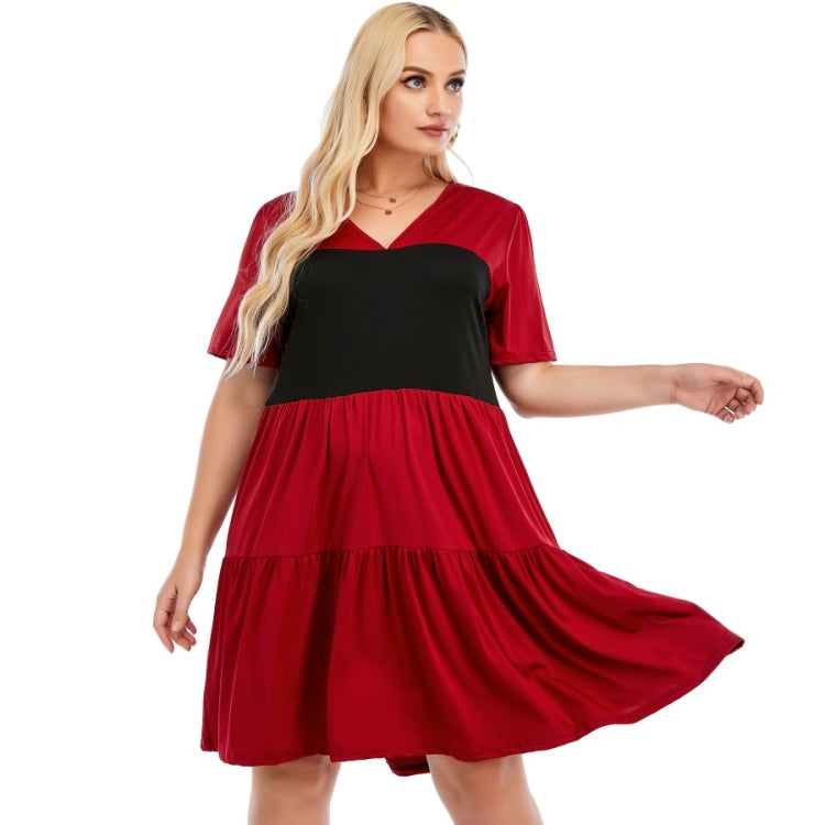 Plus Size Loose V-Neck Short Sleeve Patchwork A-Line Dress