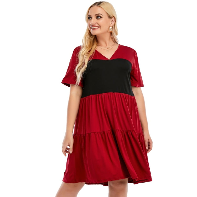 Plus Size Loose V-Neck Short Sleeve Patchwork A-Line Dress