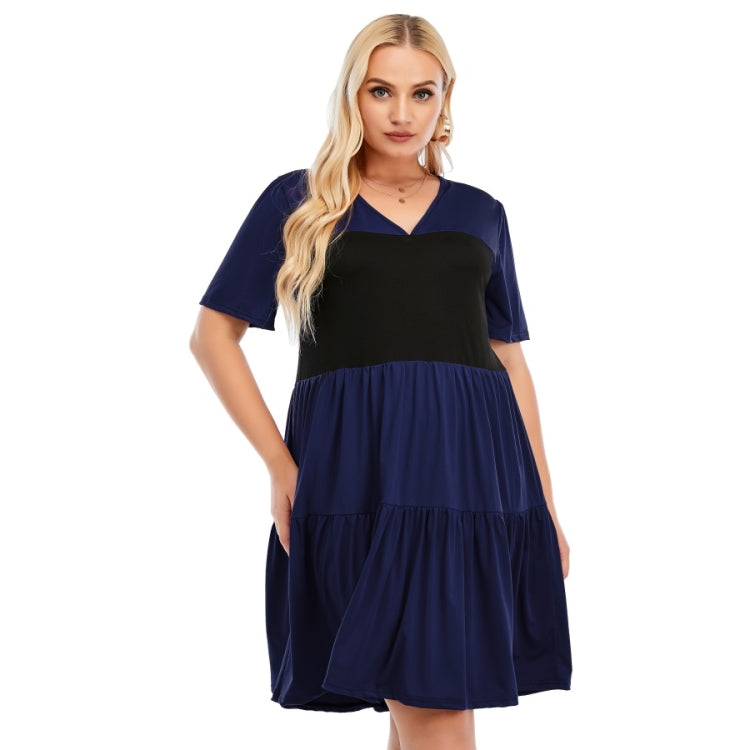 Plus Size Loose V-Neck Short Sleeve Patchwork A-Line Dress