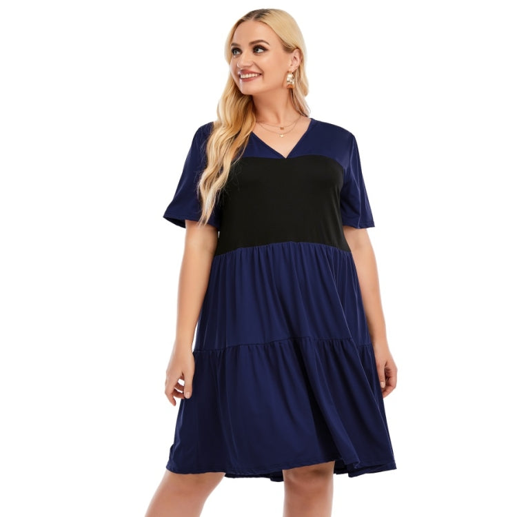 Plus Size Loose V-Neck Short Sleeve Patchwork A-Line Dress