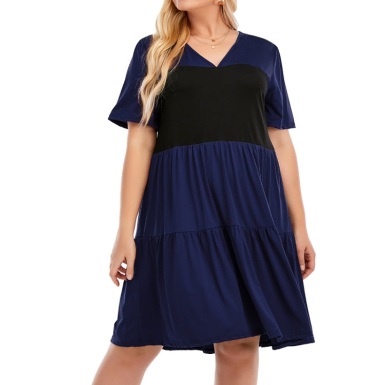 Plus Size Loose V-Neck Short Sleeve Patchwork A-Line Dress