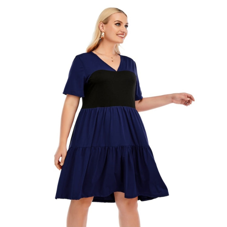 Plus Size Loose V-Neck Short Sleeve Patchwork A-Line Dress