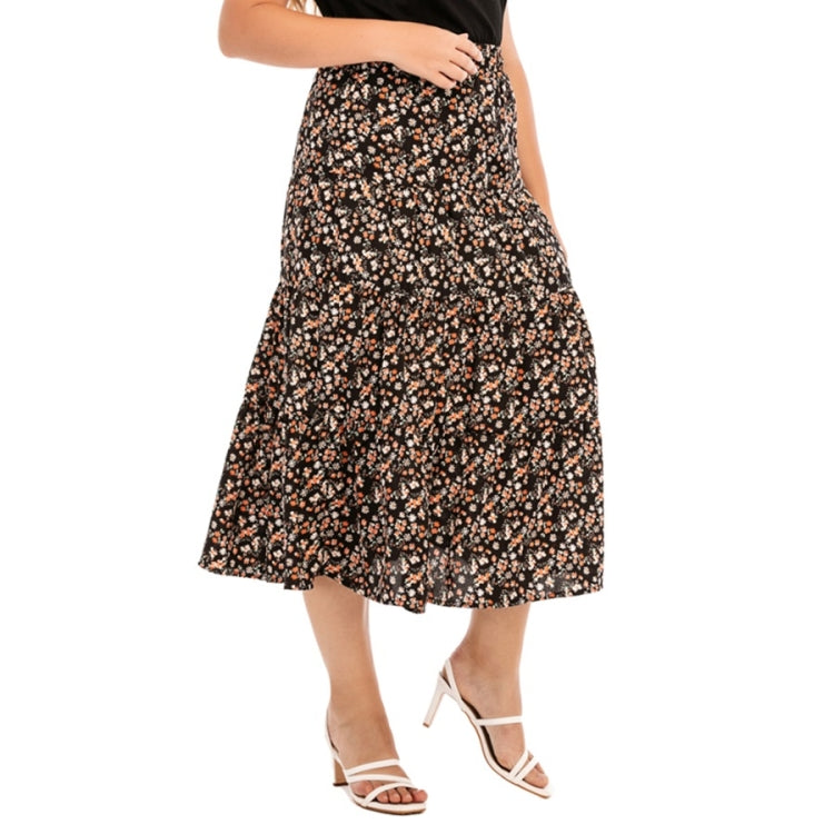 Women Plus Size Elastic Waist Floral Midi Skirt