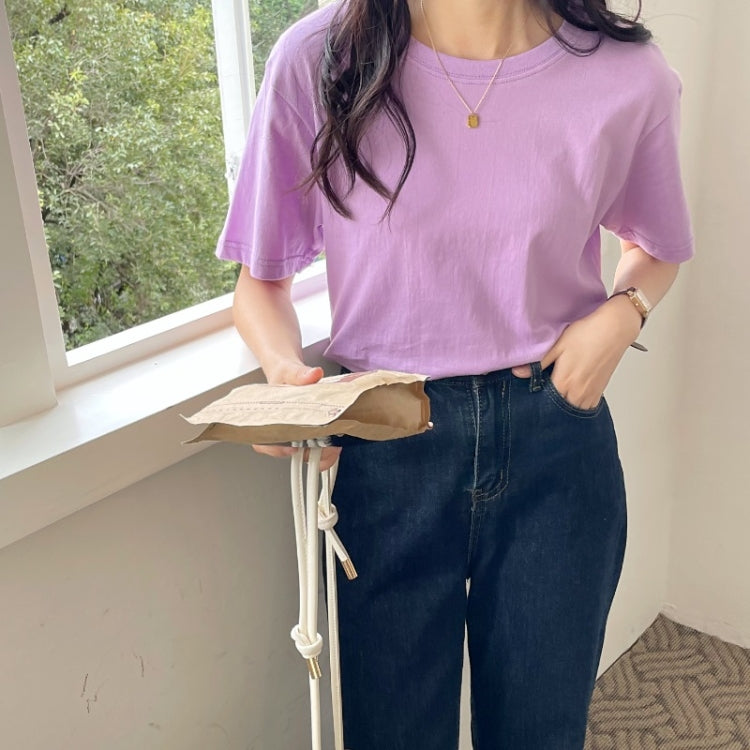 Summer Polyester Loose Round Neck Short Sleeve T-Shirt For Ladies