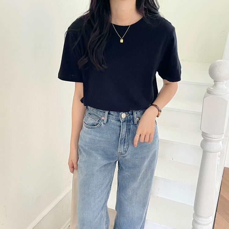 Summer Polyester Loose Round Neck Short Sleeve T-Shirt For Ladies