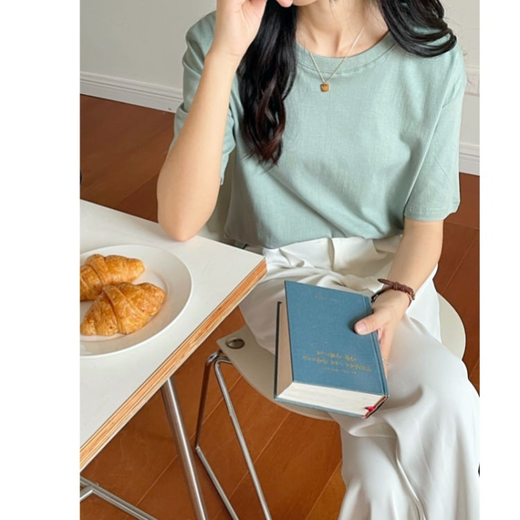 Summer Polyester Loose Round Neck Short Sleeve T-Shirt For Ladies