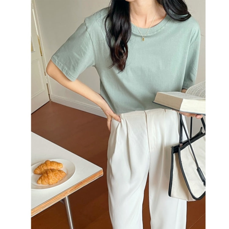 Summer Polyester Loose Round Neck Short Sleeve T-Shirt For Ladies