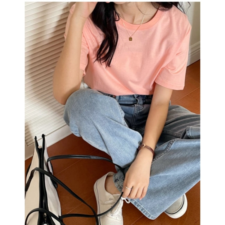 Summer Polyester Loose Round Neck Short Sleeve T-Shirt For Ladies