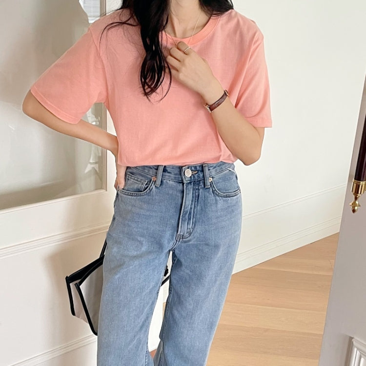 Summer Polyester Loose Round Neck Short Sleeve T-Shirt For Ladies