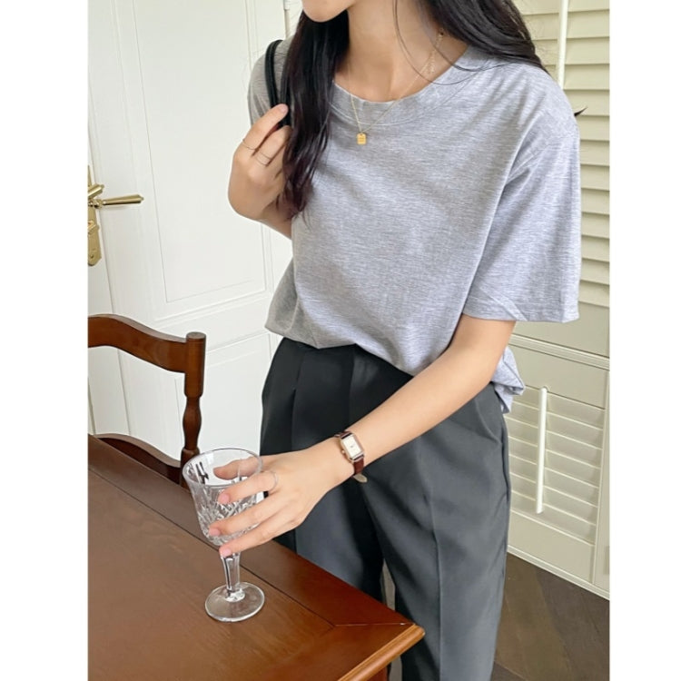 Summer Polyester Loose Round Neck Short Sleeve T-Shirt For Ladies