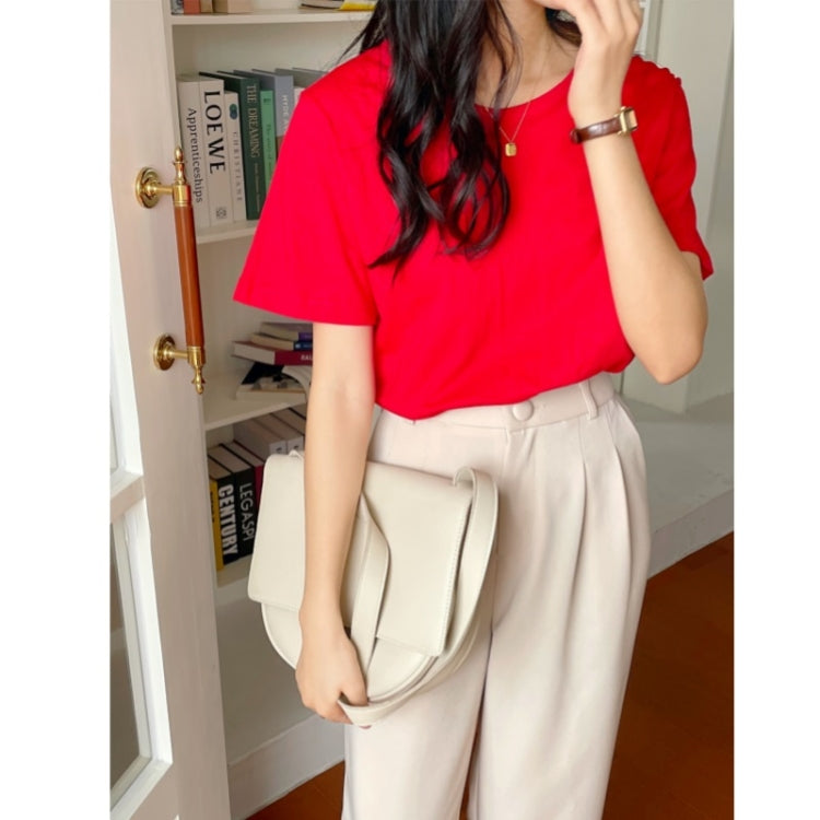 Summer Polyester Loose Round Neck Short Sleeve T-Shirt For Ladies