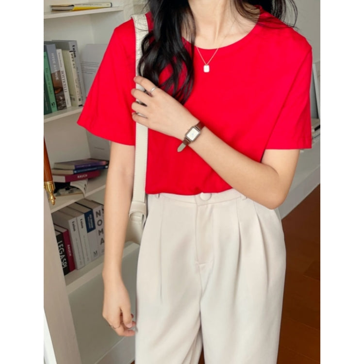 Summer Polyester Loose Round Neck Short Sleeve T-Shirt For Ladies