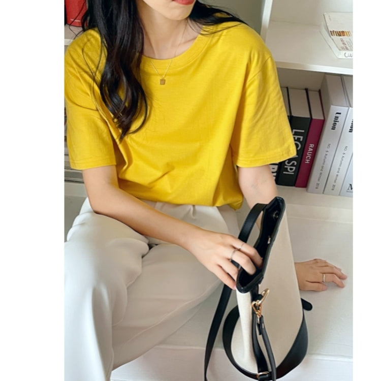 Summer Polyester Loose Round Neck Short Sleeve T-Shirt For Ladies