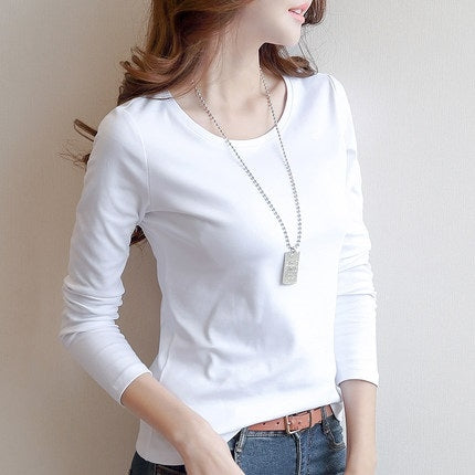 Spring Autumn Solid Color Round Neck Long Sleeve T-Shirt for Ladies