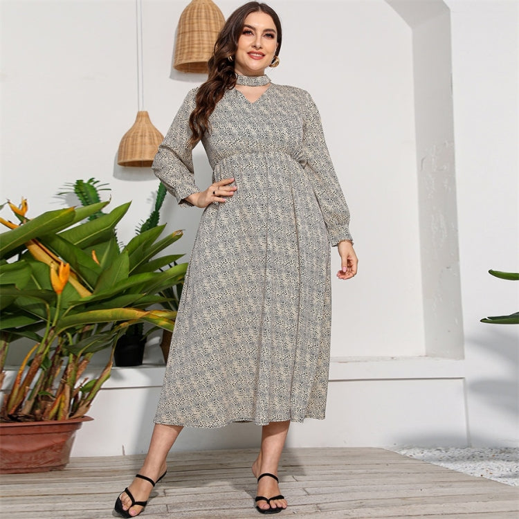 Women Plus Size Long Sleeve High Waist Flower Dress