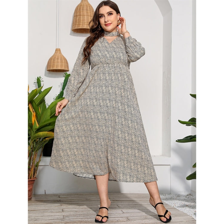 Women Plus Size Long Sleeve High Waist Flower Dress