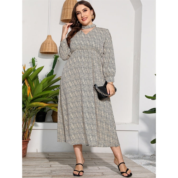 Women Plus Size Long Sleeve High Waist Flower Dress