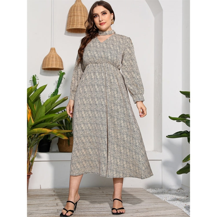 Women Plus Size Long Sleeve High Waist Flower Dress