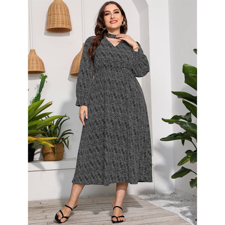 Women Plus Size Long Sleeve High Waist Flower Dress