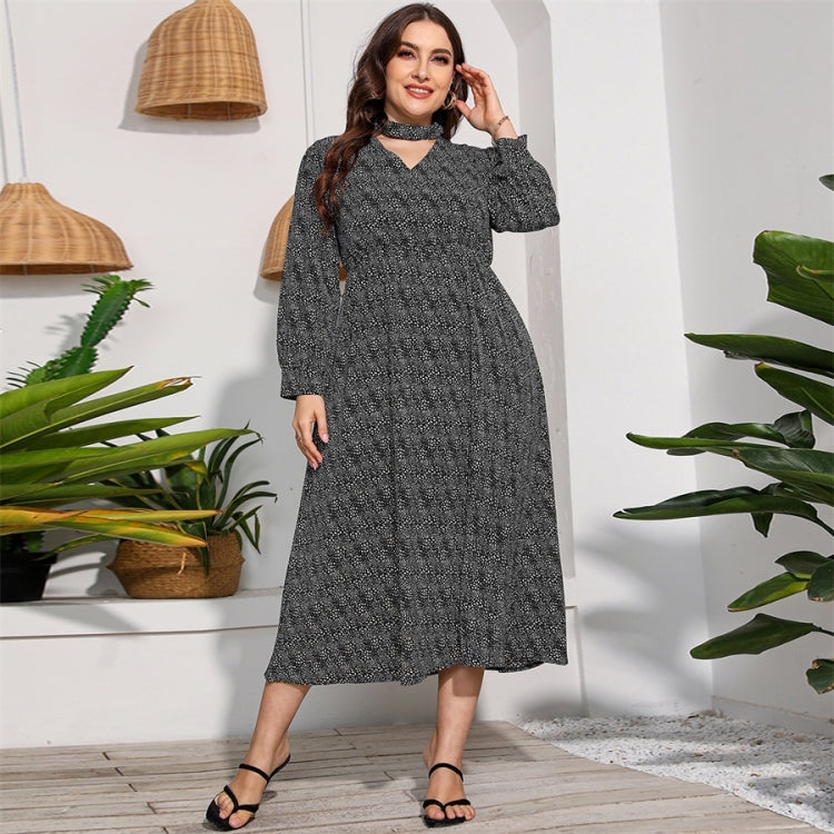 Women Plus Size Long Sleeve High Waist Flower Dress
