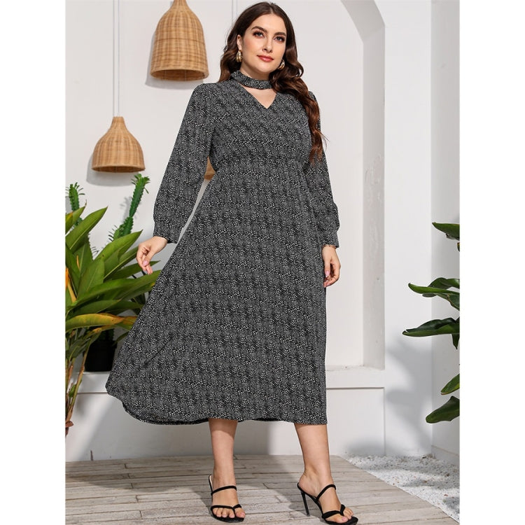 Women Plus Size Long Sleeve High Waist Flower Dress