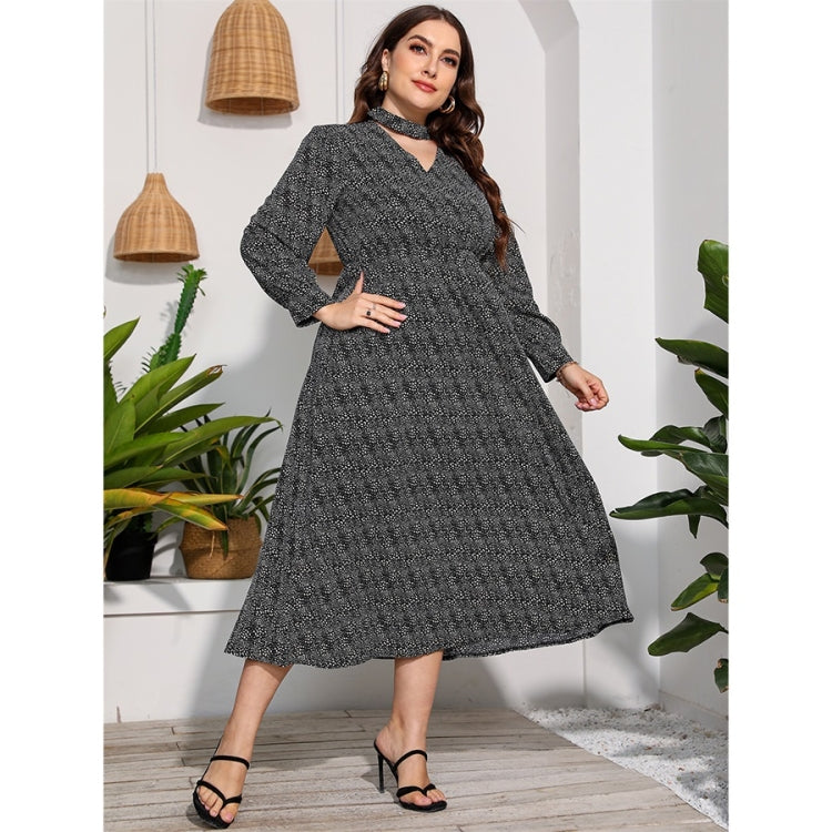 Women Plus Size Long Sleeve High Waist Flower Dress