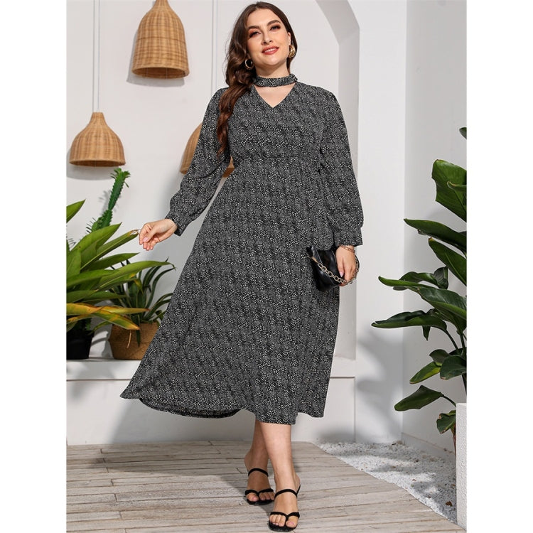 Women Plus Size Long Sleeve High Waist Flower Dress