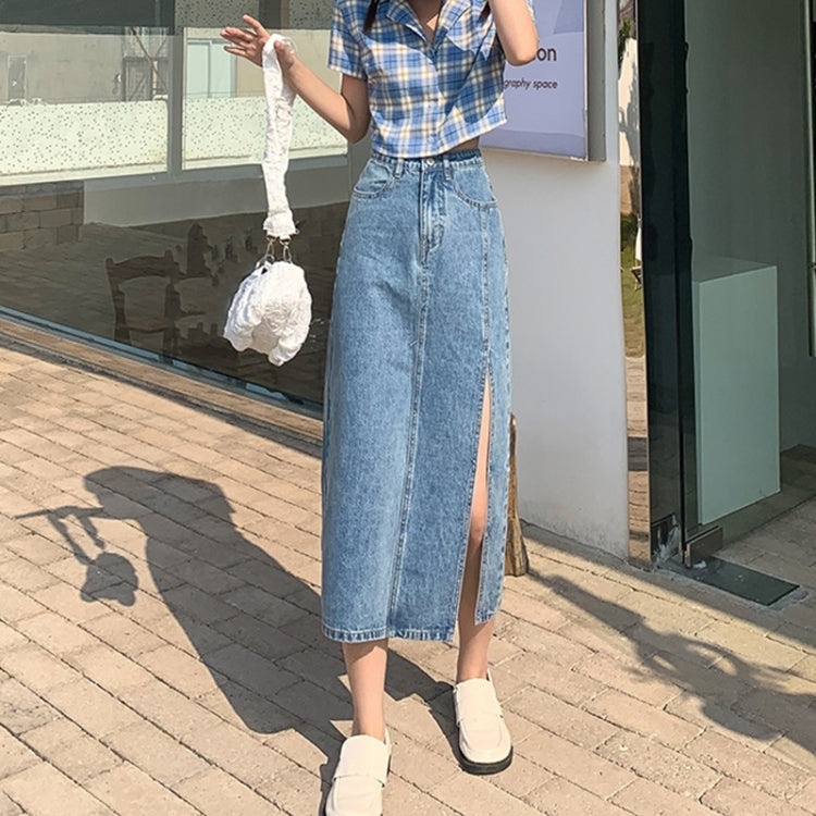 Spring High-waisted A-line Split Denim Midi Skirt