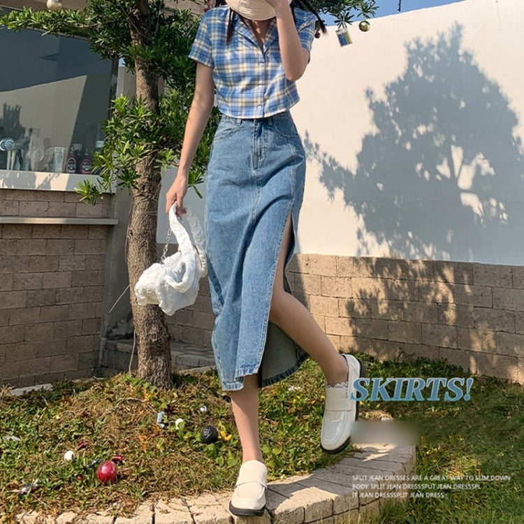 Spring High-waisted A-line Split Denim Midi Skirt