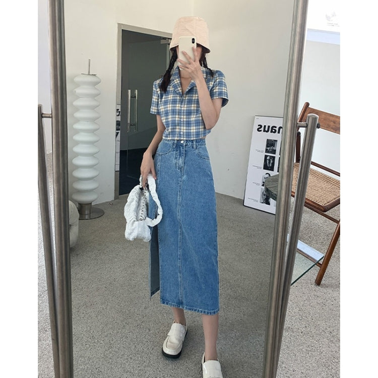 Spring High-waisted A-line Split Denim Midi Skirt
