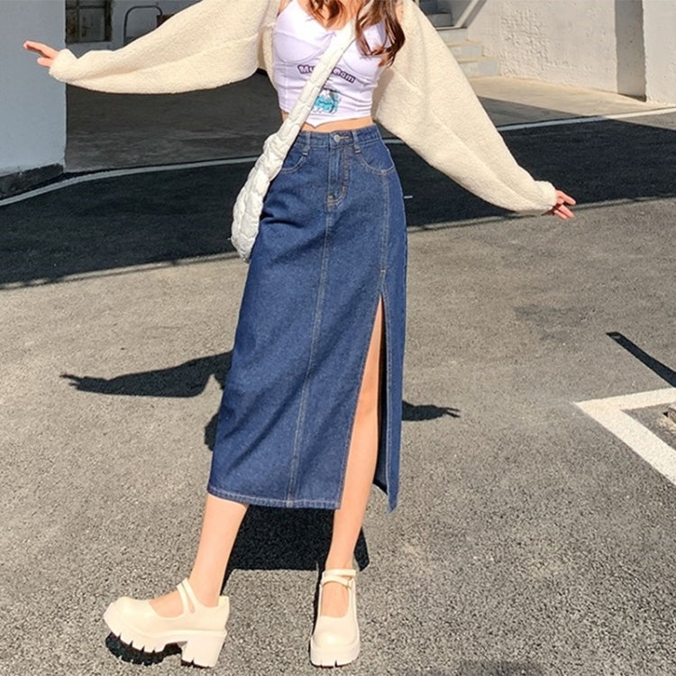 Spring High-waisted A-line Split Denim Midi Skirt