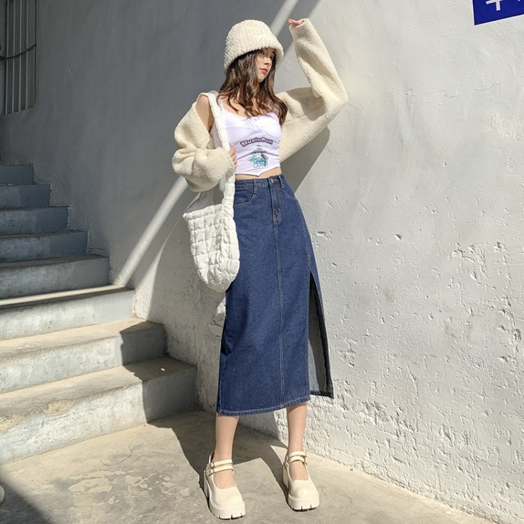Spring High-waisted A-line Split Denim Midi Skirt