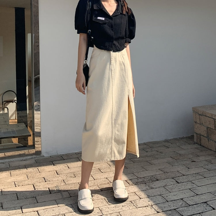 Spring High-waisted A-line Split Denim Midi Skirt