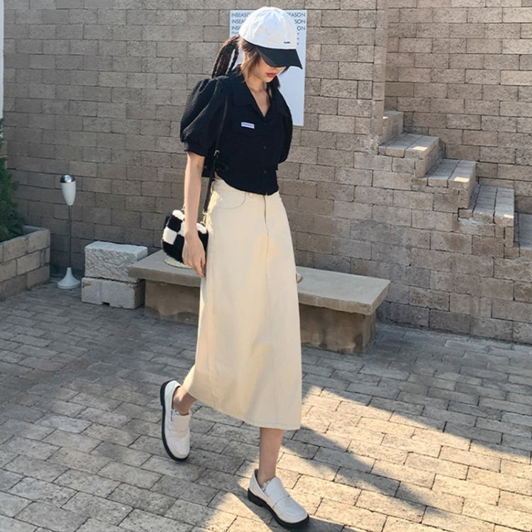 Spring High-waisted A-line Split Denim Midi Skirt