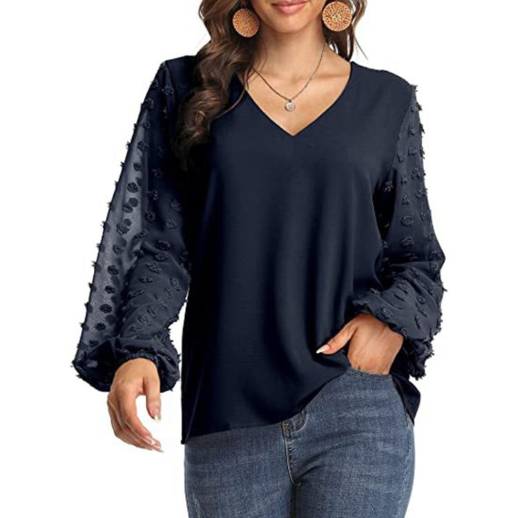 V-neck Chiffon Wool Ball Decorative Long Sleeve Blouse