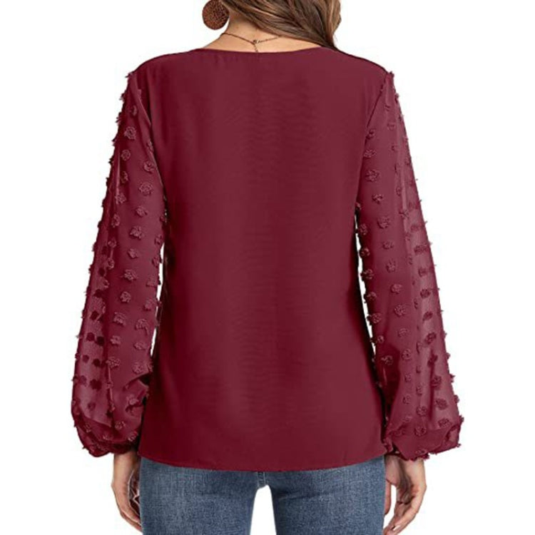 V-neck Chiffon Wool Ball Decorative Long Sleeve Blouse