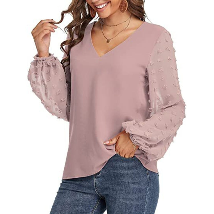 V-neck Chiffon Wool Ball Decorative Long Sleeve Blouse