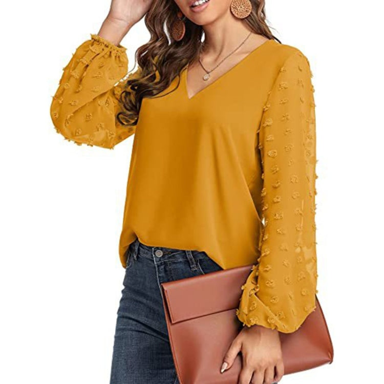 V-neck Chiffon Wool Ball Decorative Long Sleeve Blouse