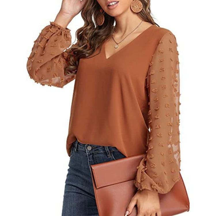 V-neck Chiffon Wool Ball Decorative Long Sleeve Blouse