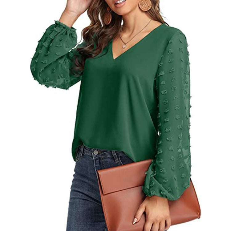 V-neck Chiffon Wool Ball Decorative Long Sleeve Blouse