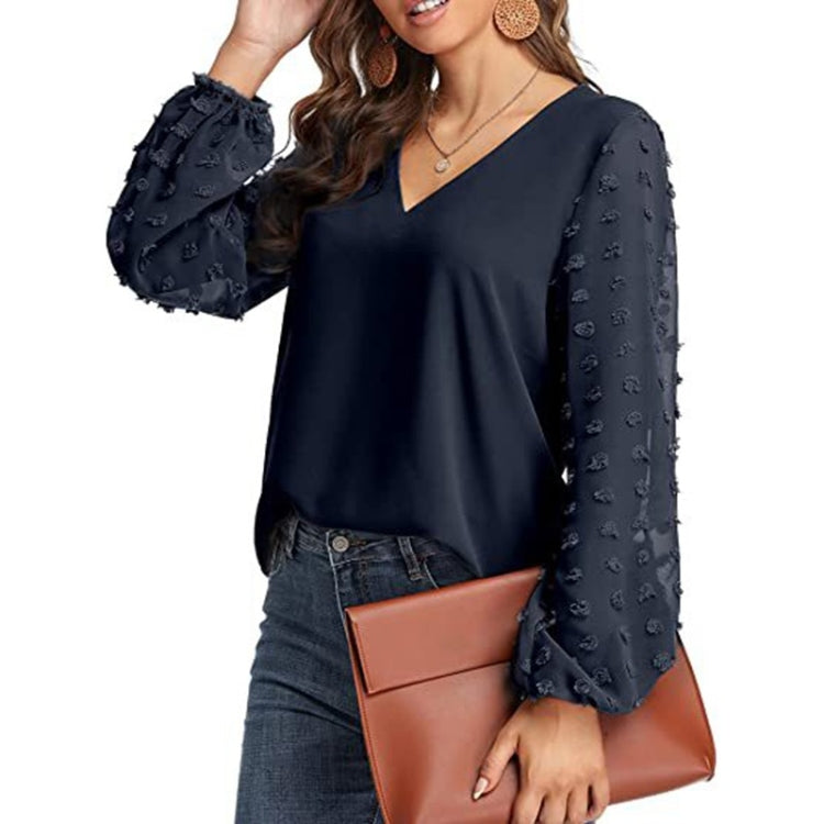 V-neck Chiffon Wool Ball Decorative Long Sleeve Blouse