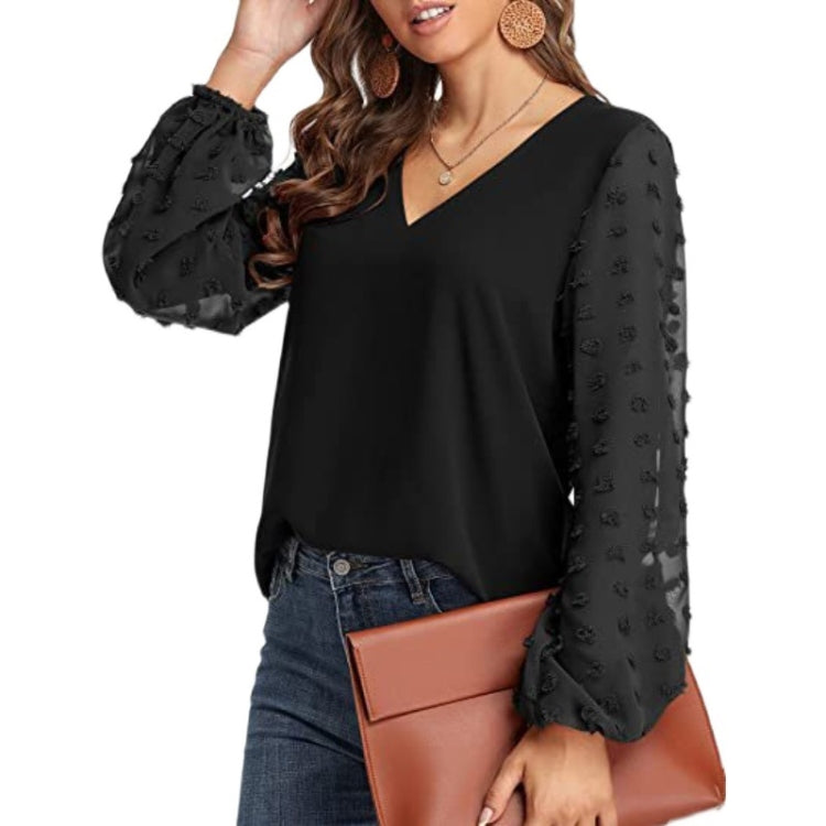 V-neck Chiffon Wool Ball Decorative Long Sleeve Blouse