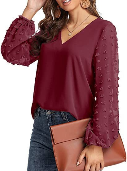 V-neck Chiffon Wool Ball Decorative Long Sleeve Blouse