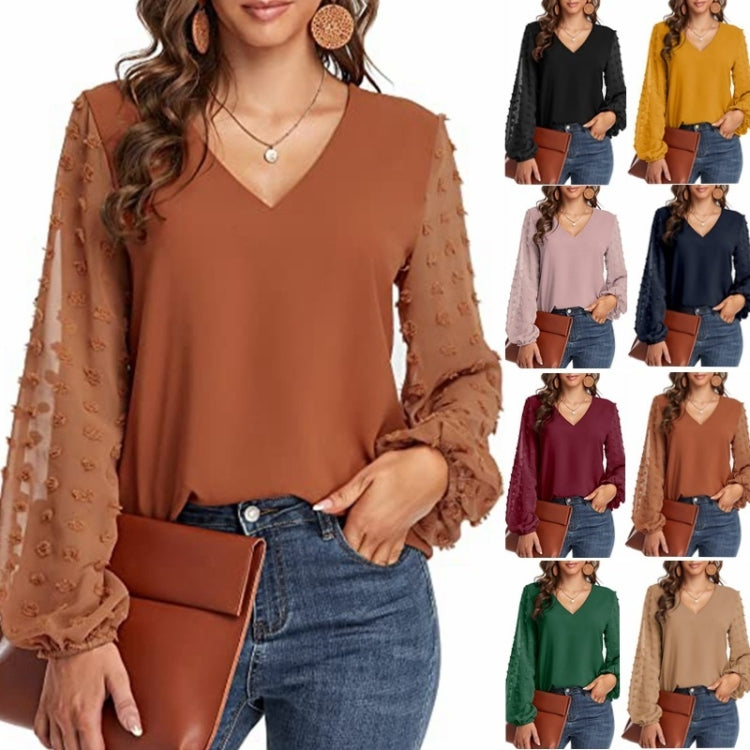 V-neck Chiffon Wool Ball Decorative Long Sleeve Blouse