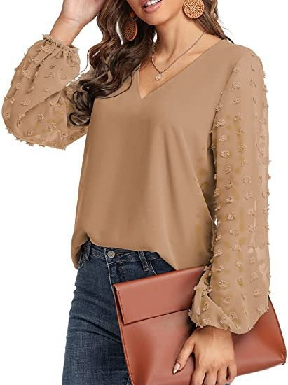 V-neck Chiffon Wool Ball Decorative Long Sleeve Blouse