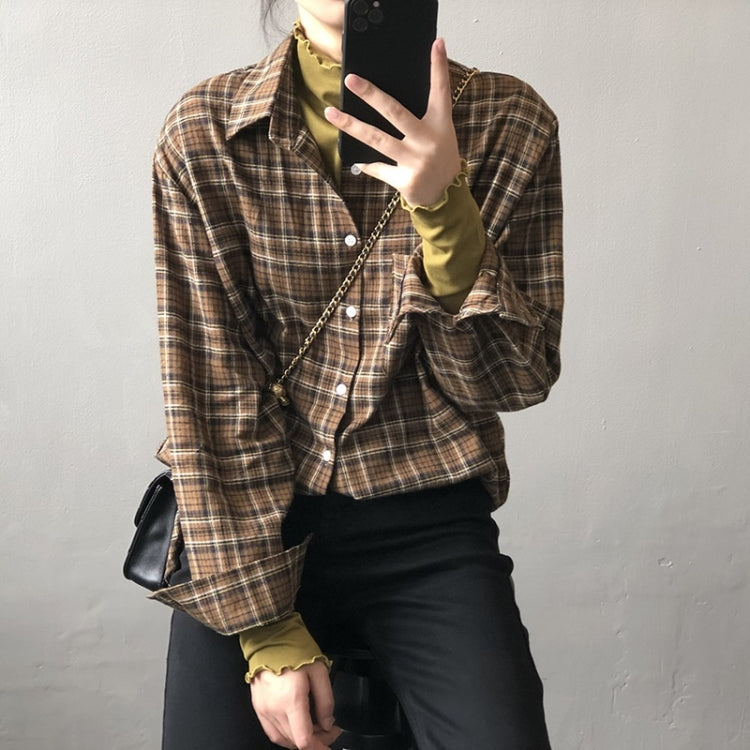 Spring Vintage Loose Long Sleeve Plaid Shirt for Ladies