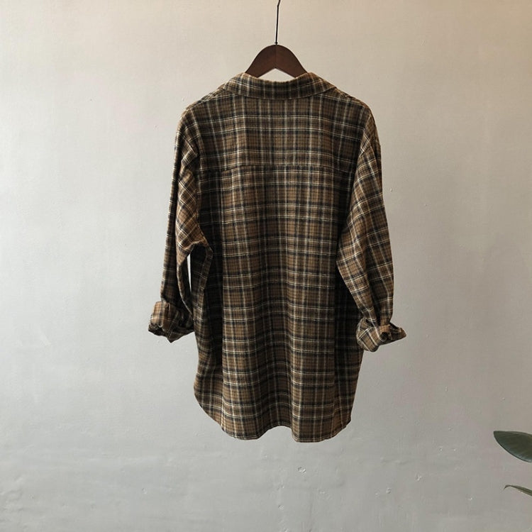 Spring Vintage Loose Long Sleeve Plaid Shirt for Ladies