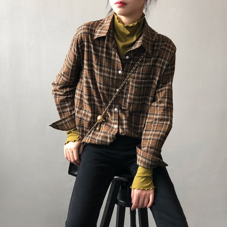 Spring Vintage Loose Long Sleeve Plaid Shirt for Ladies