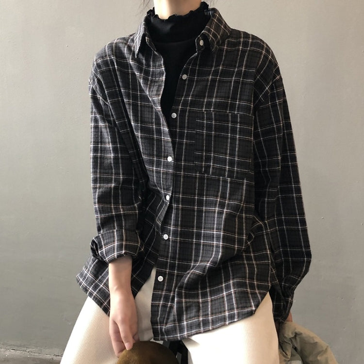 Spring Vintage Loose Long Sleeve Plaid Shirt for Ladies