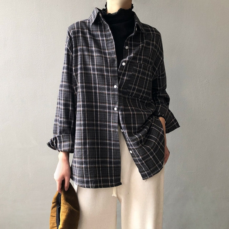 Spring Vintage Loose Long Sleeve Plaid Shirt for Ladies